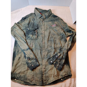 Fusai Jeans Shirt Men's Size XXL Snap Up Shirt Long Sleeve Green Bleach